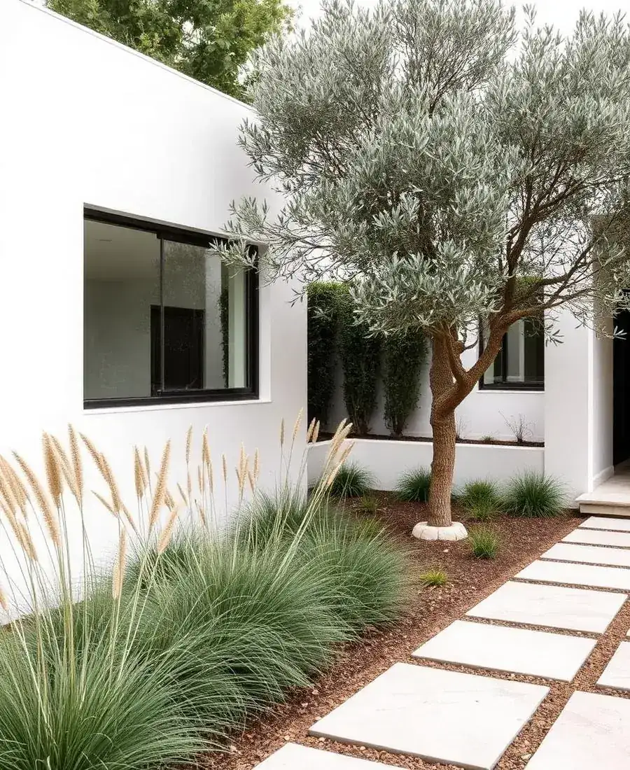 Jardín contemporáneo con olivo, gramíneas y pavimento de piedra