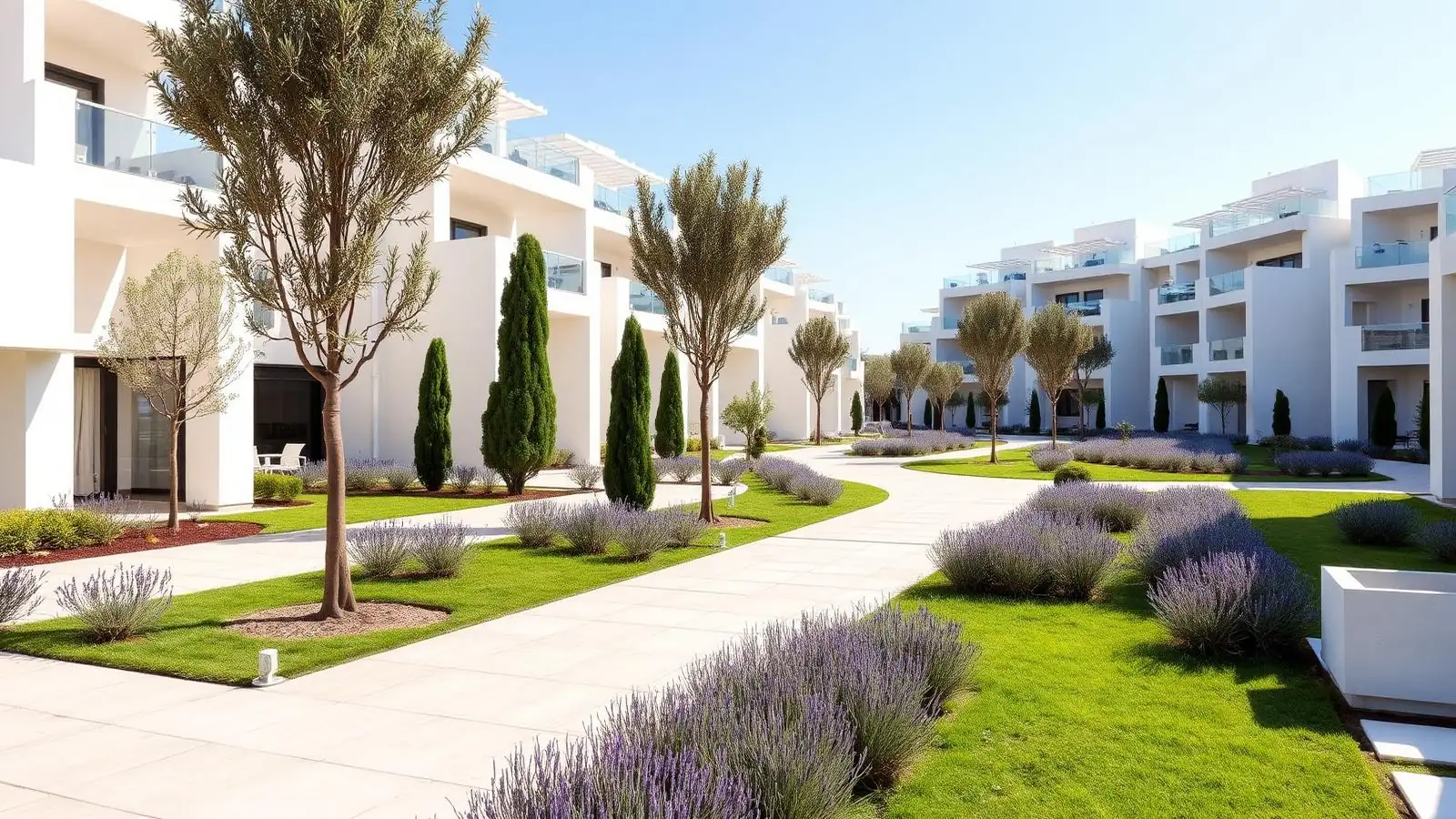 Zonas verdes recién ejecutadas en una promoción residencial de obra nueva con olivos jóvenes, cipreses y lavanda