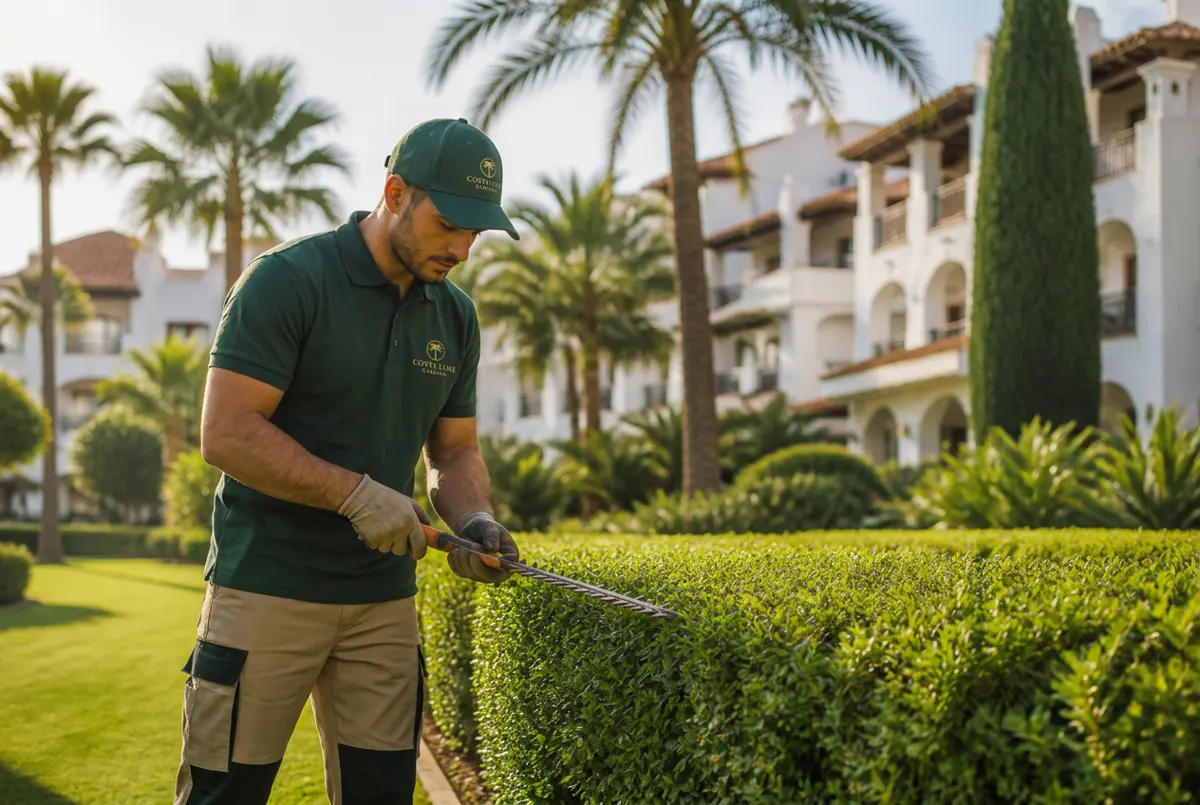 Zonas comunes ajardinadas de una urbanización con palmeras, césped y setos mantenidos