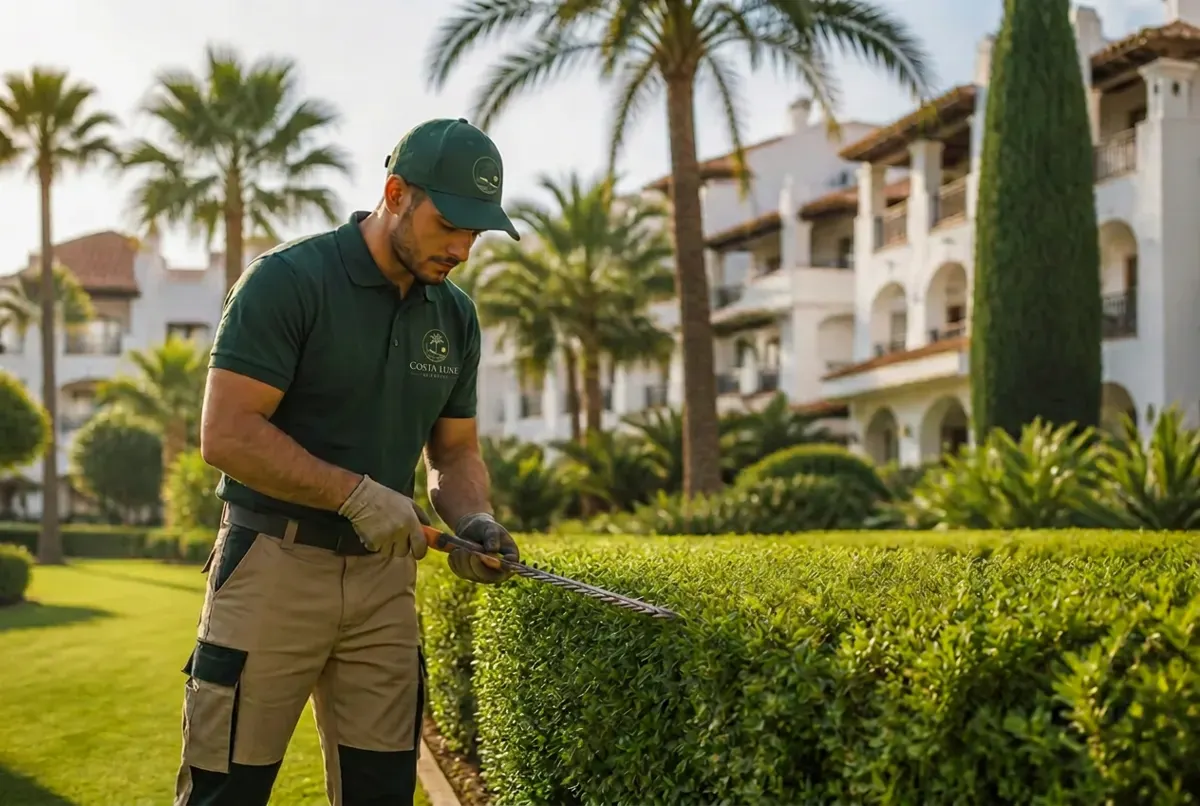 Zonas comunes ajardinadas de una urbanización con palmeras, césped y setos mantenidos