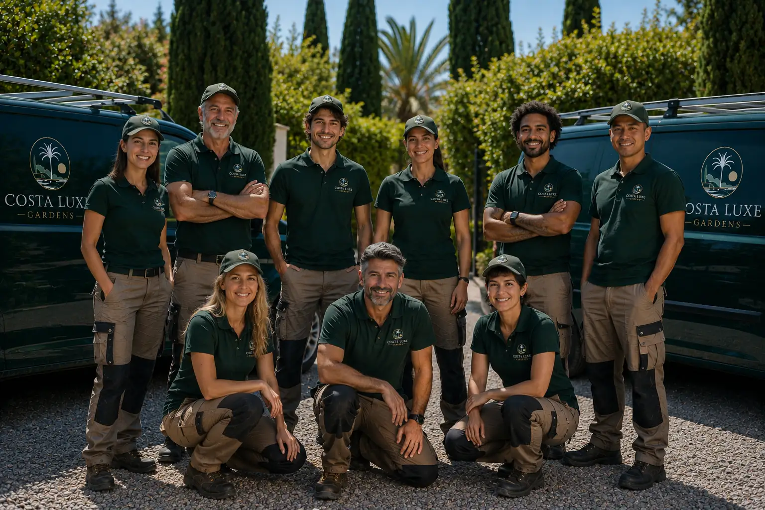 Equipo de Costa Luxe Gardens posando junto a las furgonetas de la empresa en la Costa del Sol