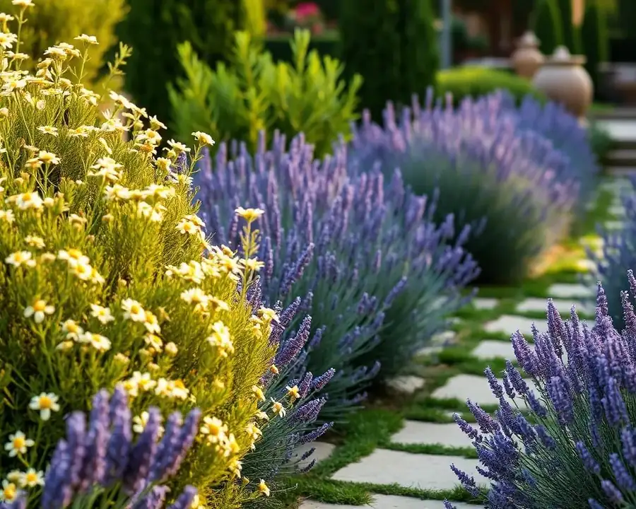 Detalle de plantación mediterránea con lavanda y camino de piedra