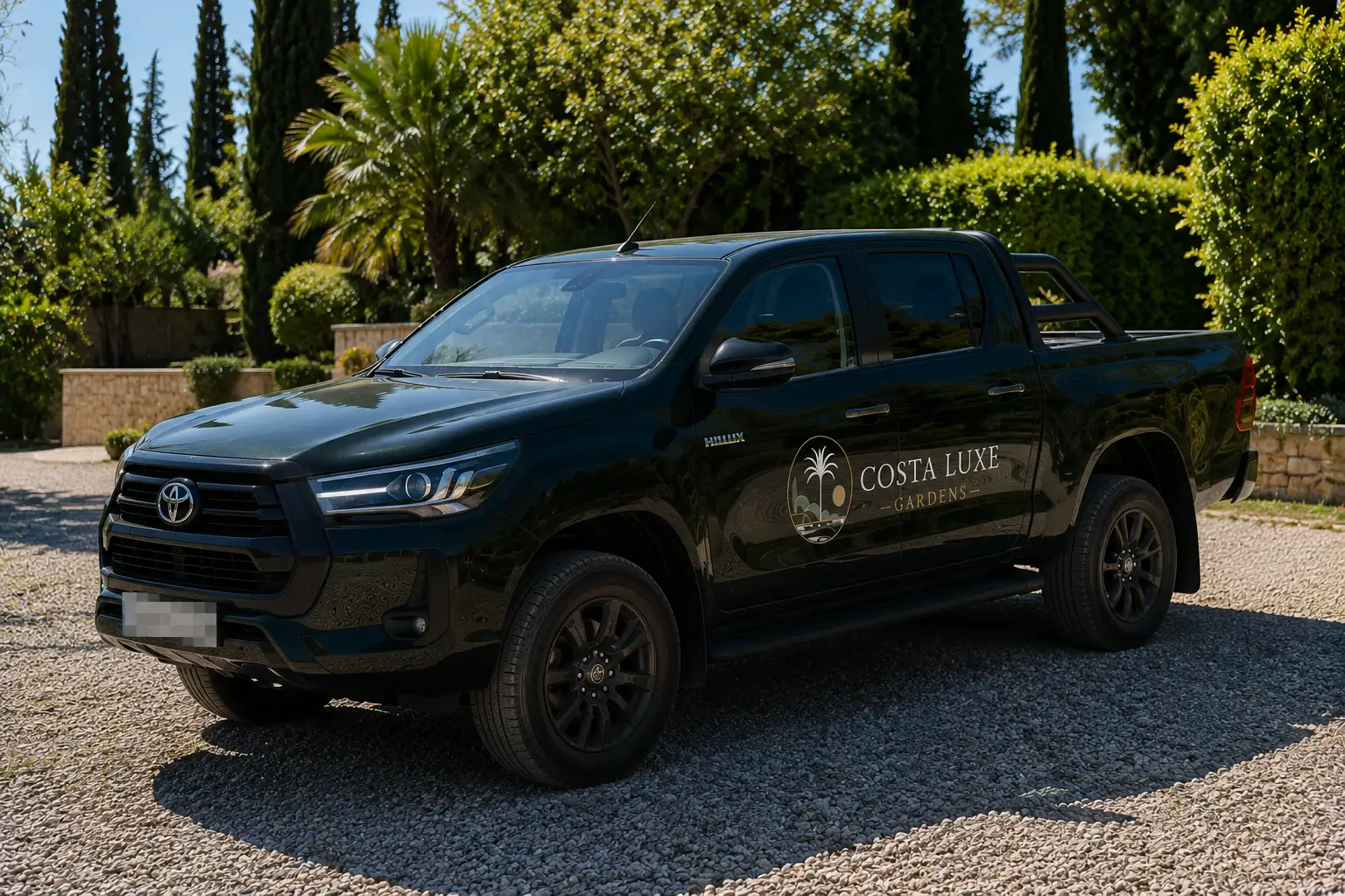 Vehículo oficial de Costa Luxe Gardens estacionado en una finca de la Costa del Sol