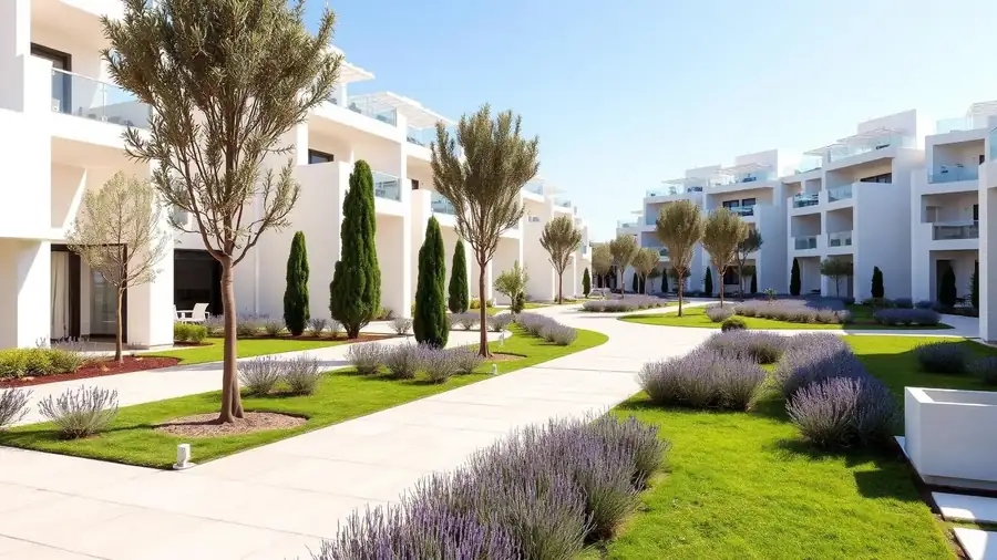Zonas verdes recién ejecutadas en una promoción residencial de obra nueva con olivos jóvenes, cipreses y lavanda