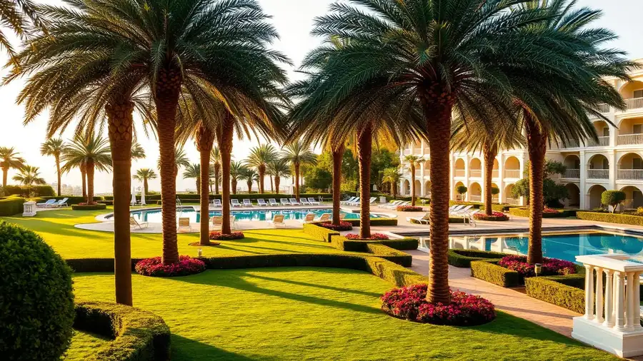 Jardines de un resort de lujo en la Costa del Sol con palmeras, césped impecable y piscina al atardecer